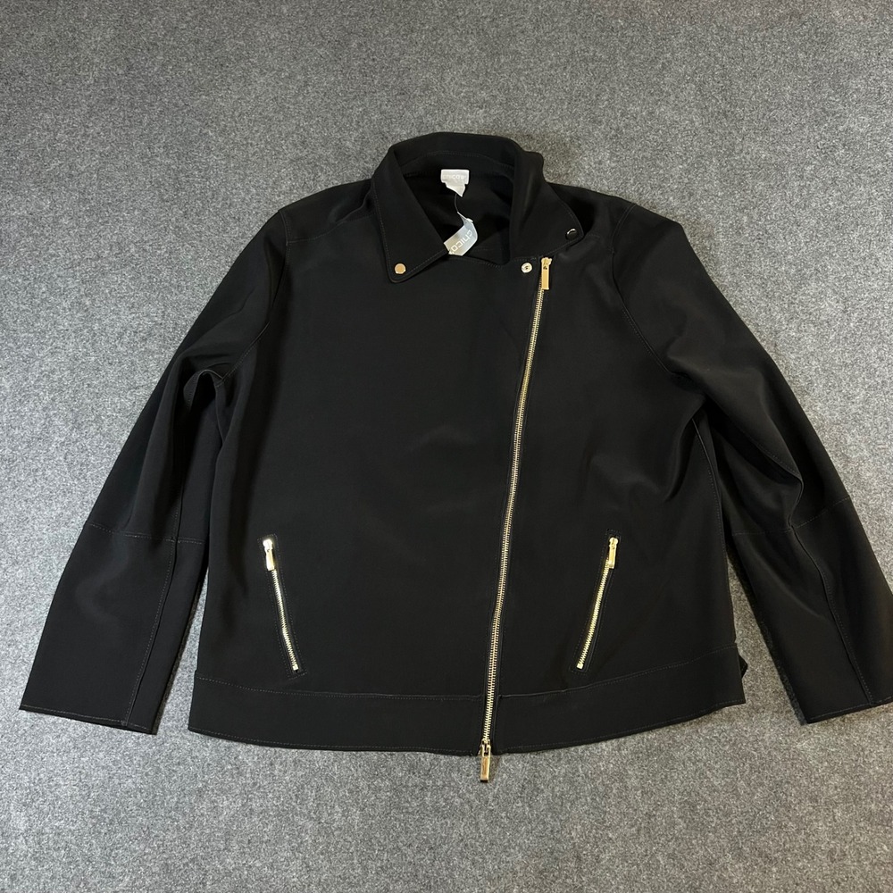 Chico's Bonded ITY Moto Jacket‎ Black Gold Zip Size 3 US 16/18 NEW Bikercore